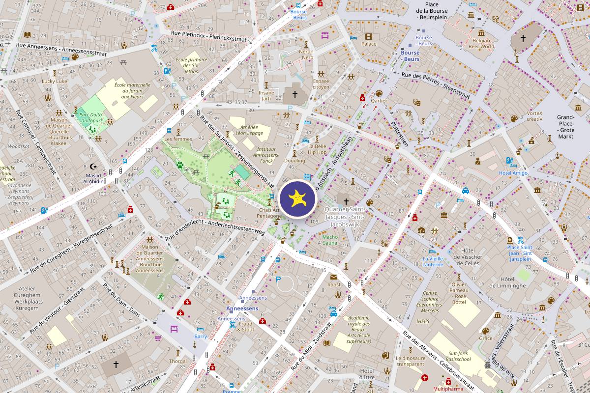 Kaart van het centrum van Brussel: Frénésie ligt aan de Anspachlaan, tussen de Beurs en station Anneessens